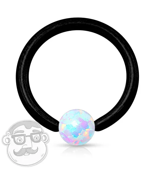 Custom women's rings-Black PVD Captive Ring With White Opalite Bead