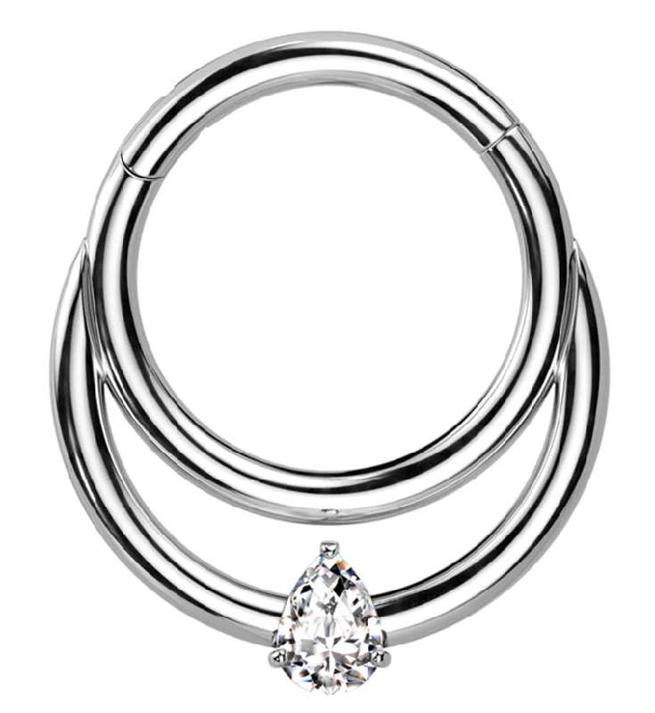 Women's Mother's Day rings-Double Hoop Teardrop CZ Titanium Hinged Segment Ring