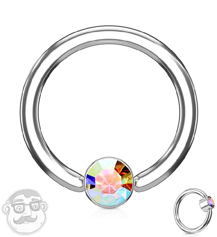 Women's eco-friendly rings-Rainbow Aurora CZ Flat Disk Captive Ring