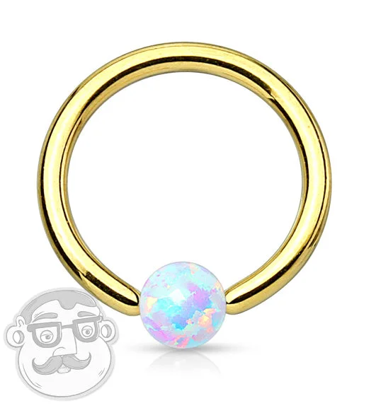 Women's modern design rings-Gold PVD Captive Ring With White Opalite Bead