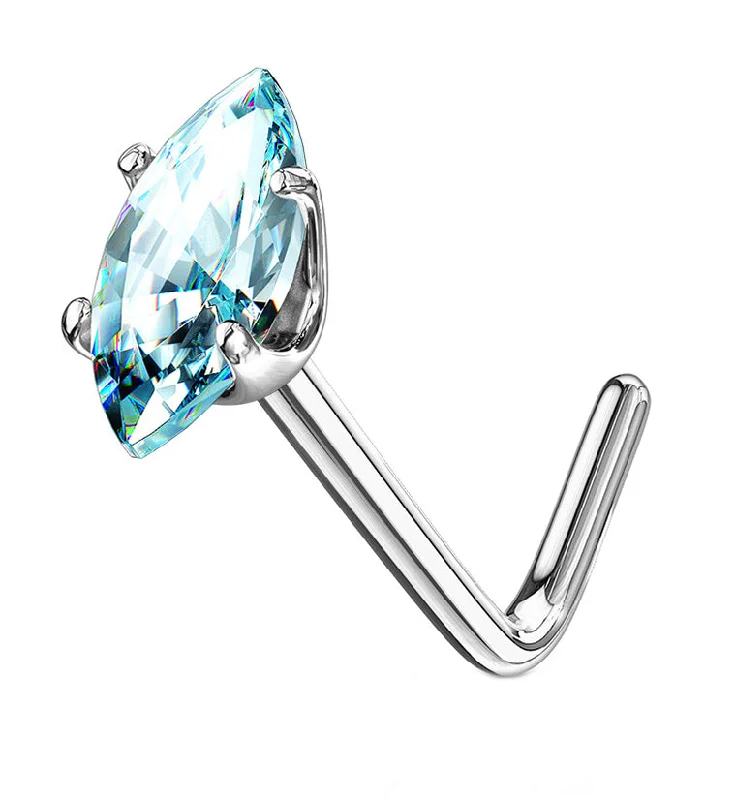 Women's adjustable rings-14kt White Gold Ellipt Aqua CZ L Bend Nose Ring