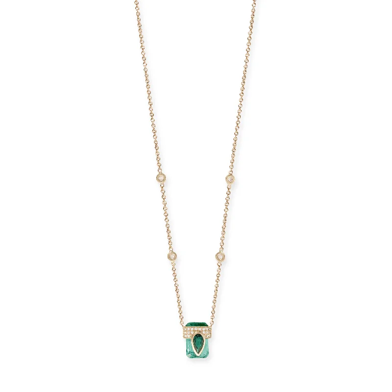 Women's gift necklaces-PAVE GREEN TOURMALINE TEARDROP CAP + GREEN TOURMALINE BAGUETTE NECKLACE