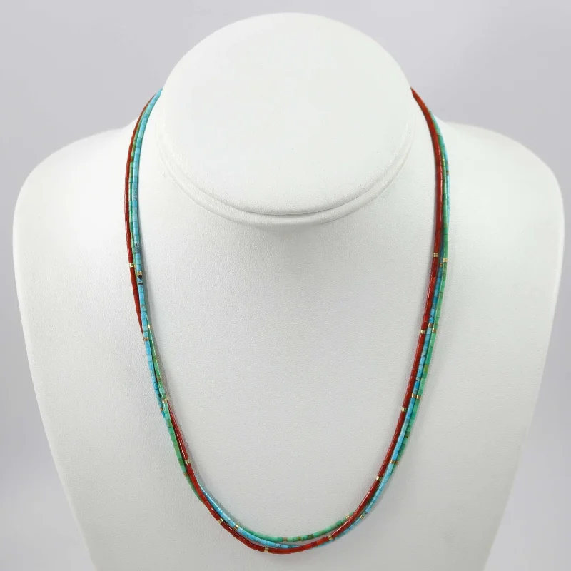 Women's Christmas necklaces-Turquoise and Coral Heishi Necklace