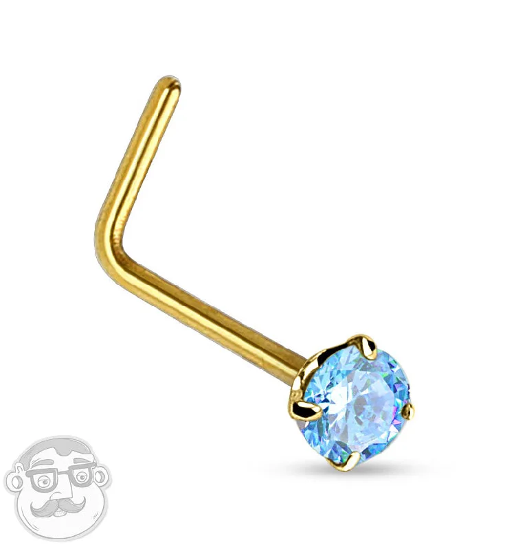 Women's adjustable rings-20G 14kt Gold L Bend Aqua CZ Top Nose Ring