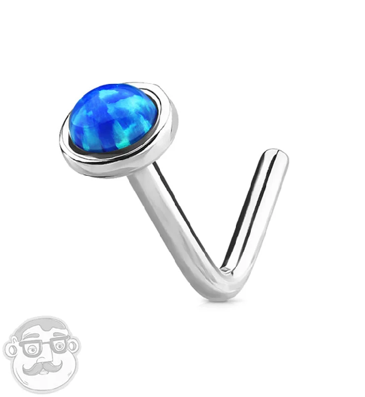 Women's cocktail rings-20G 14kt White Gold L Bend Blue Opal Top Nose Ring