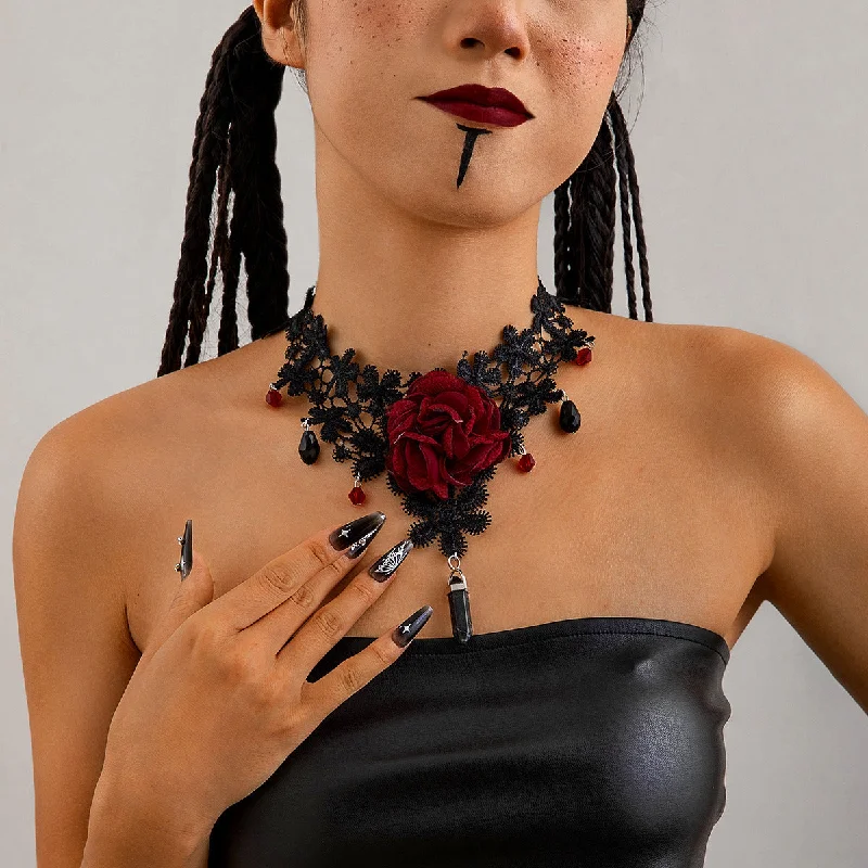 Women's choker necklaces-Gothic Red Lace Flower Pendant Necklace for Halloween