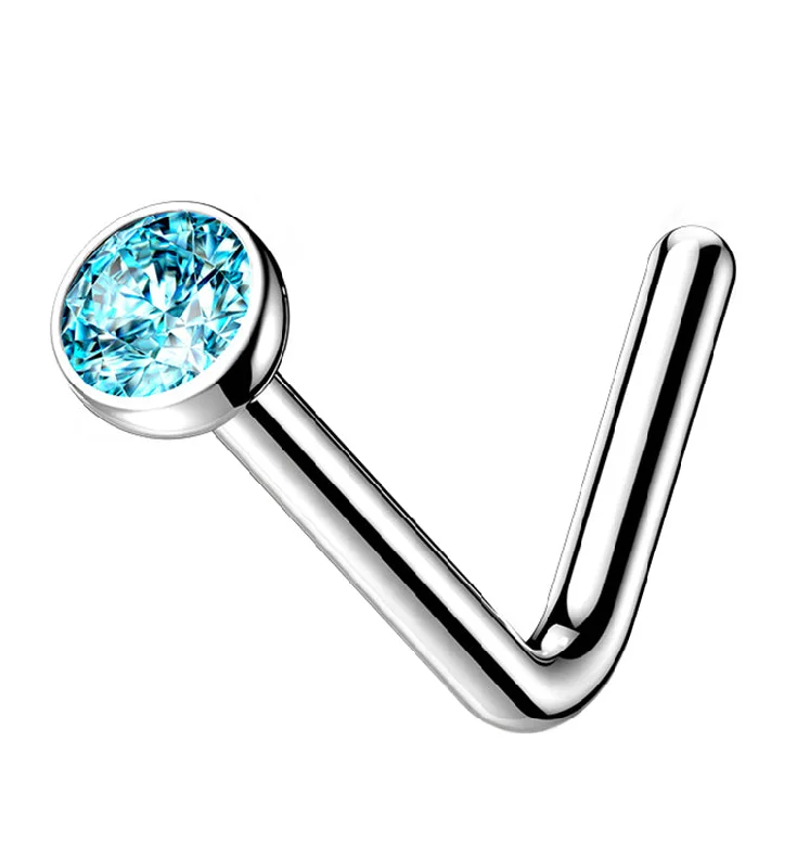 Women's symbolic rings-Aqua CZ Top L Bend Titanium Nose Ring