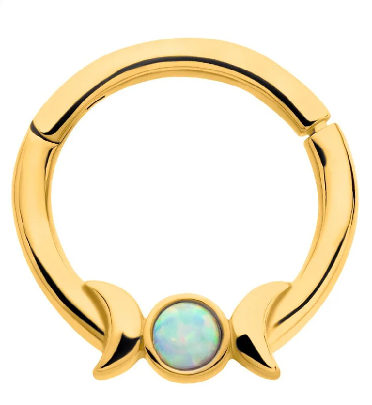 Women's birthstone rings-Gold PVD Lunar Phase White Opalite Stainless Steel Hinged Segment Ring