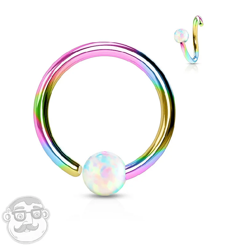 Women's Buddha rings-Rainbow PVD Opalite Fixed Captive Ring