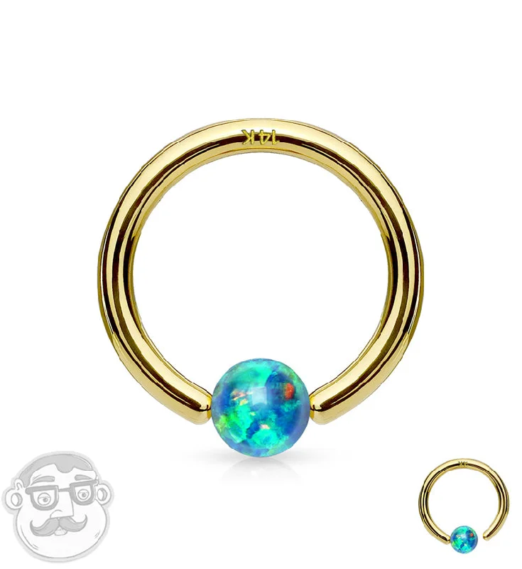 Women's moon phase rings-Green Opalite 14kt Gold Annealed Fixed Captive Ring