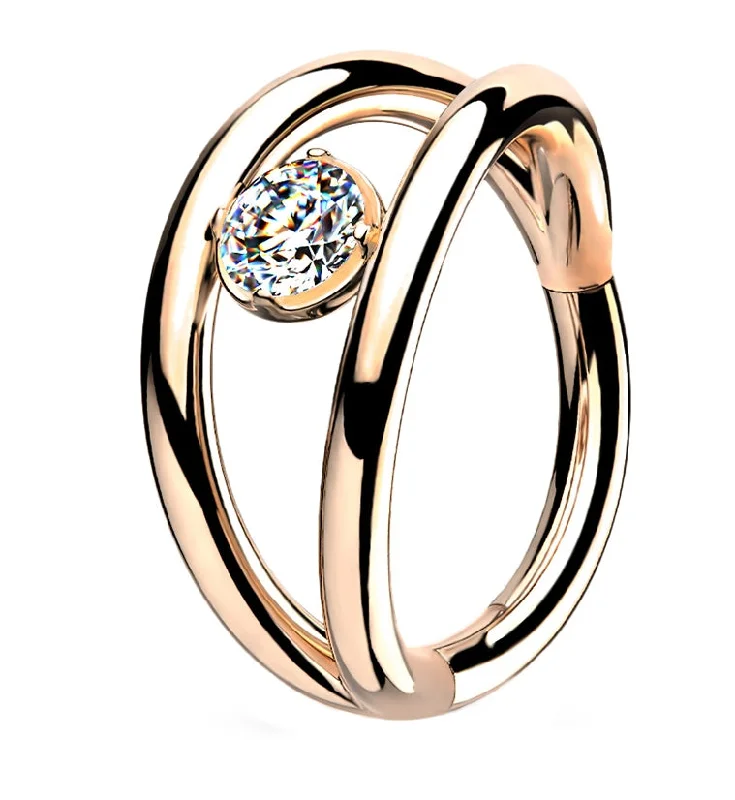 Women's silver rings-Arena Rose Gold PVD CZ Hinged Segment Hoop Ring