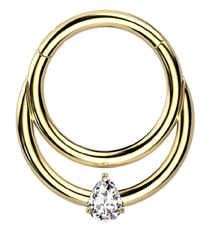 Women's ethical rings-Gold PVD Double Hoop Teardrop CZ Titanium Hinged Segment Ring