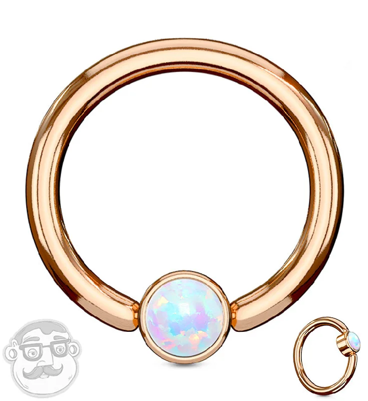 Women's gold-plated rings-Rose Gold PVD Opalite Flat Disk Captive Ring