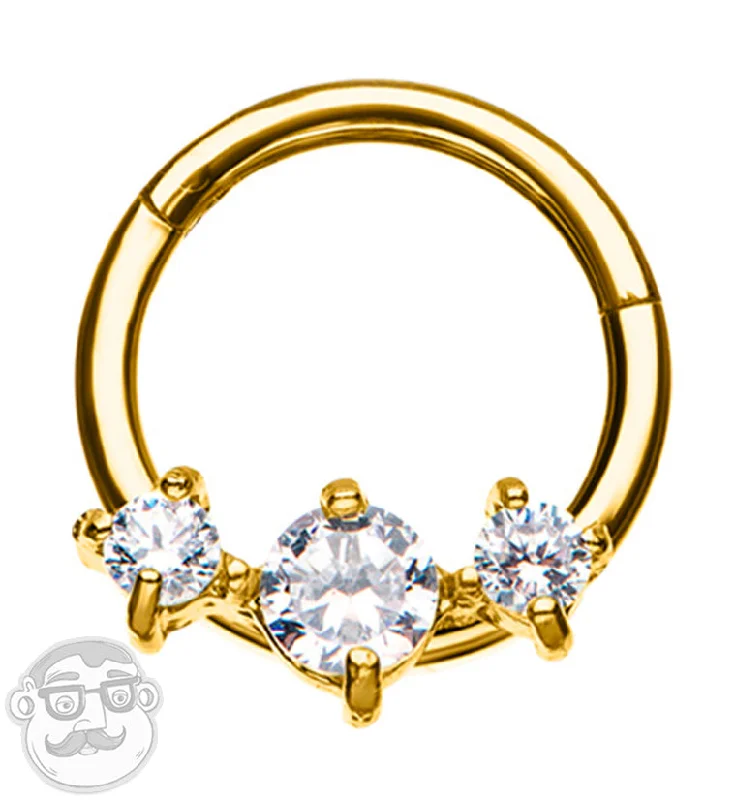 Women's birthstone rings-Gold PVD Triple CZ Prong Hinged Segment Ring