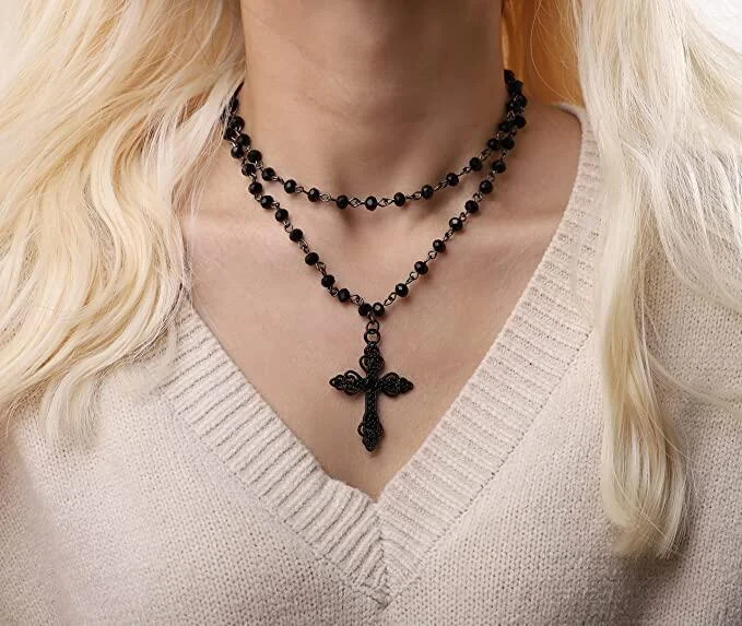 Women's geometric necklaces-Popular Dark Gothic Layered Exaggerated Cross Necklace