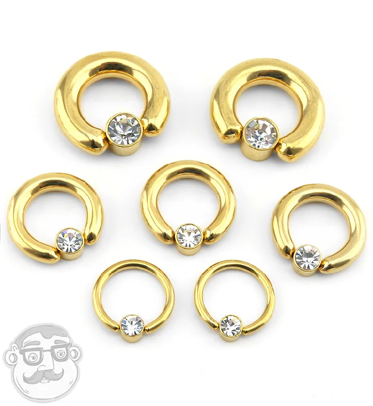 Women's engagement rings-Gold PVD CZ Flat Disk Captive Ring