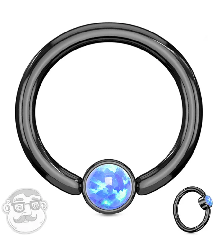 Women's titanium rings-Black PVD Blue Opalite Flat Disk Captive Ring