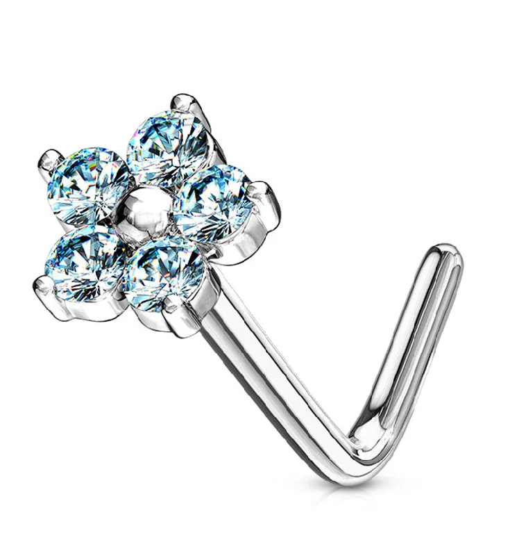 Women's statement rings-20G 14kt White Gold Aqua CZ Floral L Bend Nose Ring