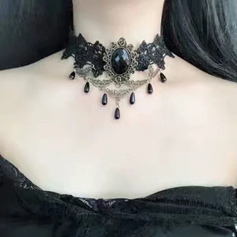 Women's crystal necklaces-Lolita Gothic Lace Retro Neck Decoration Necklace