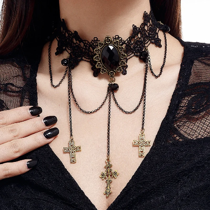 Women's couple necklaces-Gothic Blood Drop Gem Tassel Cross Necklace for Halloween