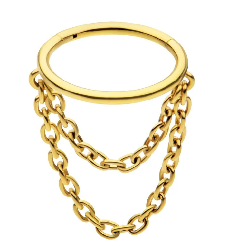 Women's gift rings-Gold PVD Abaft Double Dangle Chain Stainless Steel Hinged Segment Ring