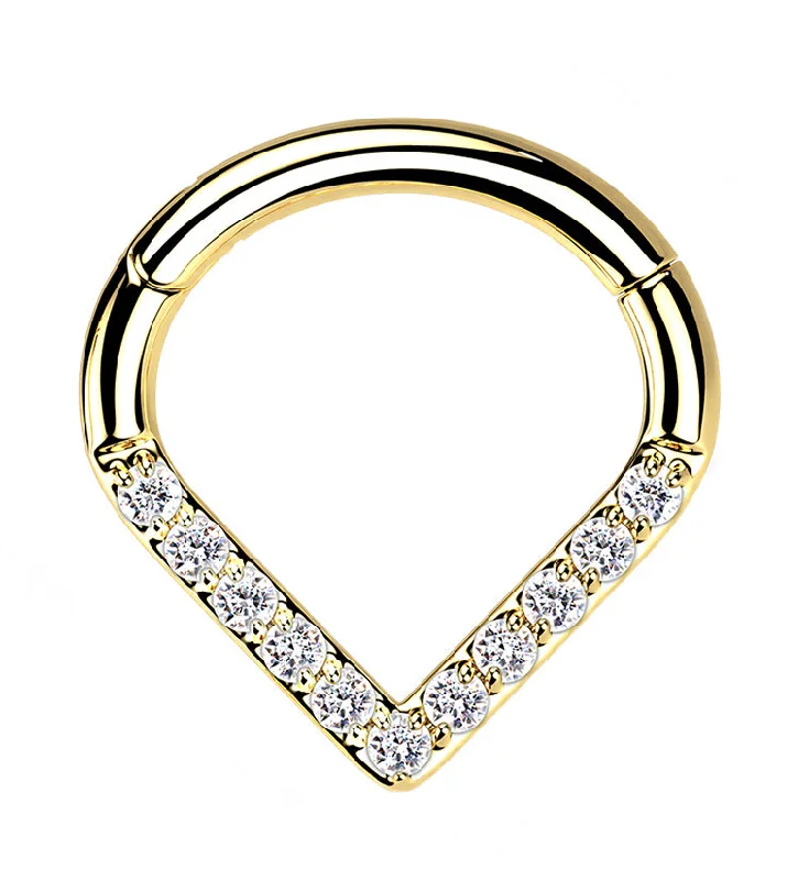 Women's casual rings-Gold PVD V-Shaped CZ Titanium Hinged Segment Ring