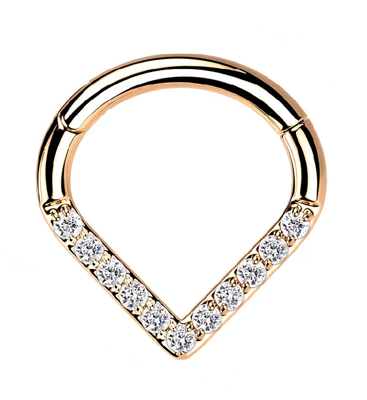 Women's personalized rings-Rose Gold PVD V-Shaped CZ Titanium Hinged Segment Ring