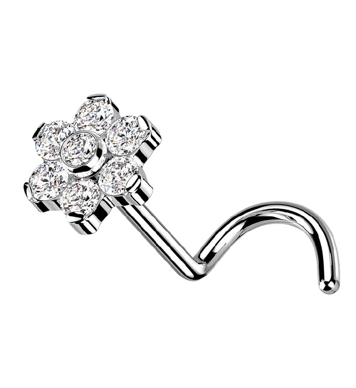 Women's gold-plated rings-Flower CZ Titanium Threadless Nose Screw Ring