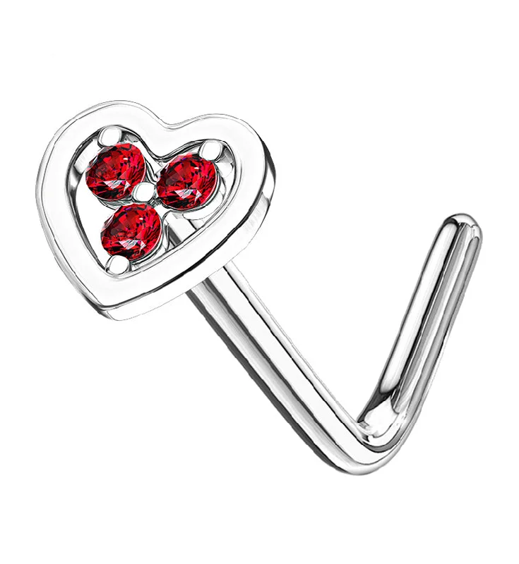 Women's handmade artisan rings-14kt White Gold Heart Red CZ L Bend Nose Ring