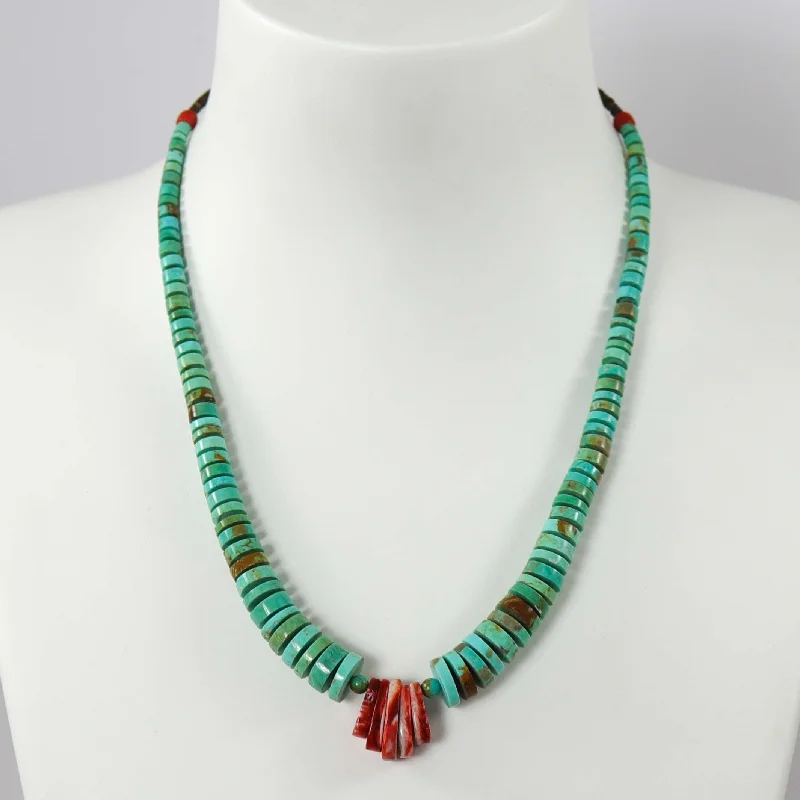 Women's K gold necklaces-Turquoise and Spiny Oyster Shell Necklace