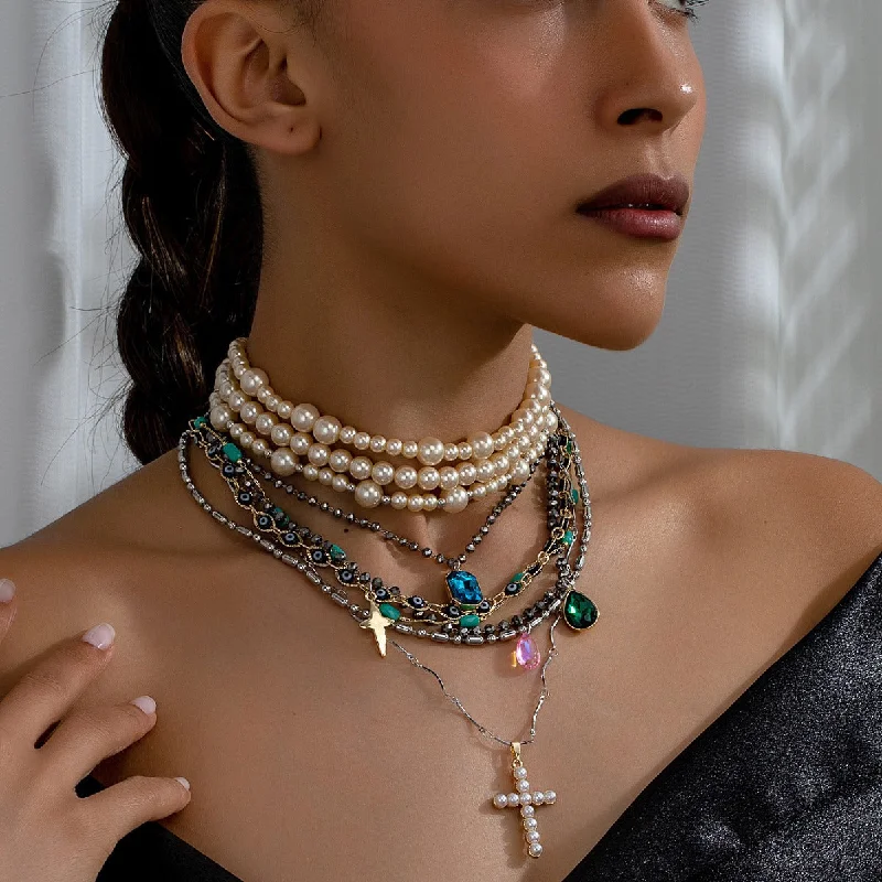 Women's vintage-inspired necklaces-Heavy Layered Cross Pearl Elegant Necklace