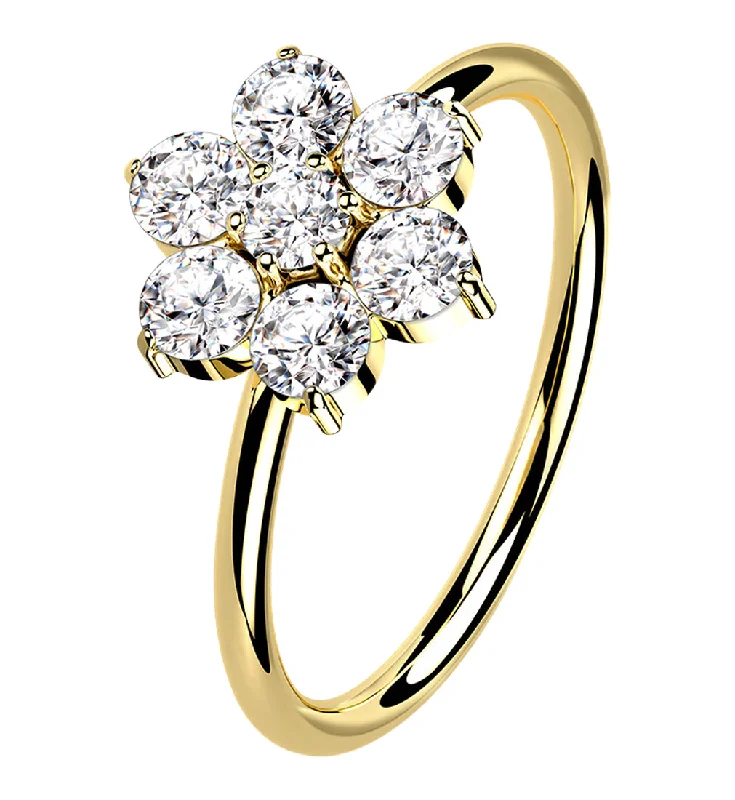 Women's everyday rings-14kt Gold Clear CZ Gem Flower Hoop Ring