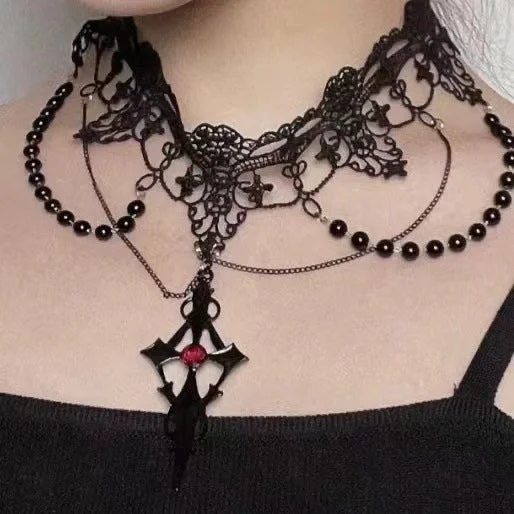 Women's emerald necklaces-Lolita Gothic Lace Pearl Cross Necklace for Halloween