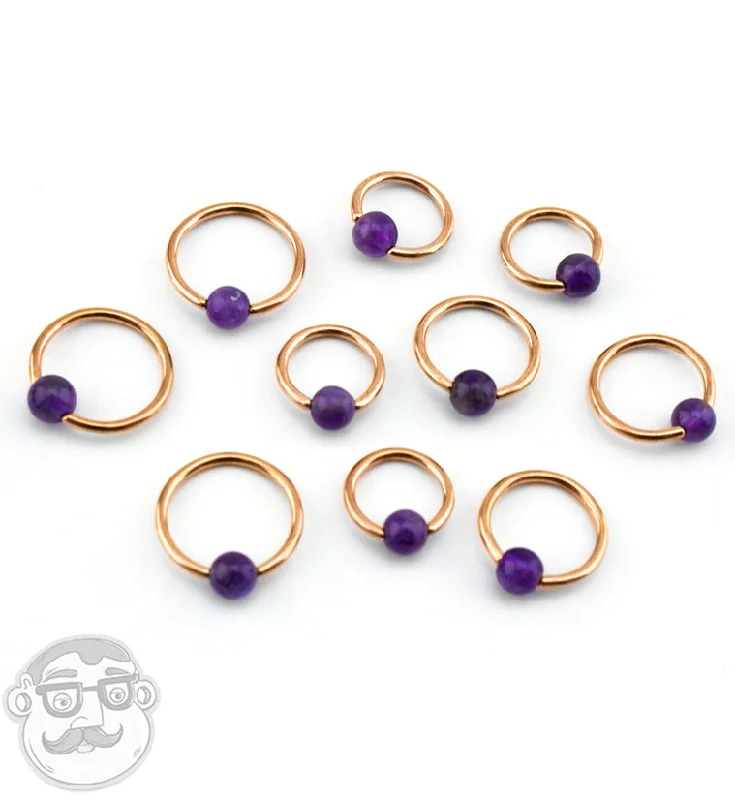 Women's art deco rings-Amethyst Stone Rose Gold PVD Captive Bead Ring