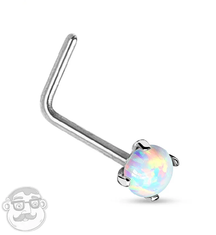 Women's ruby rings-20G 14kt White Gold L Bend Opalite Top Nose Ring