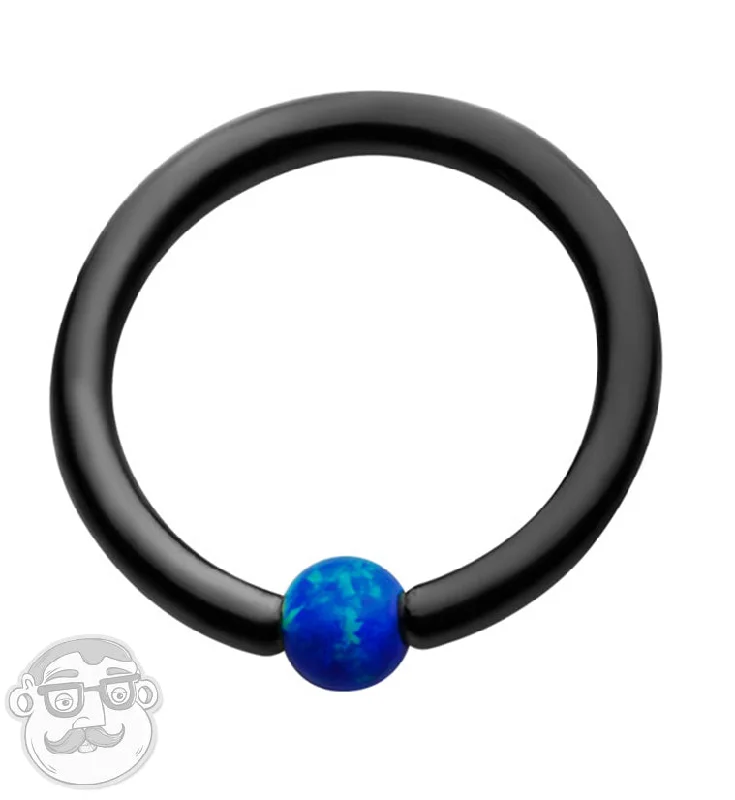 Women's birthstone rings-Black PVD Captive Ring With Blue Opalite Bead