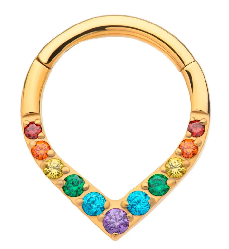 Women's eco-friendly rings-24kt Gold PVD Point Rainbow CZ Titanium Hinged Segment Ring