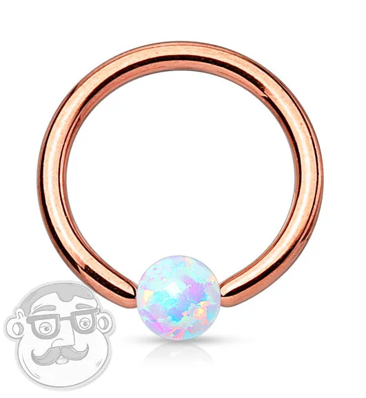 Women's rose gold rings-Rose Gold PVD Captive Ring With White Opalite Bead