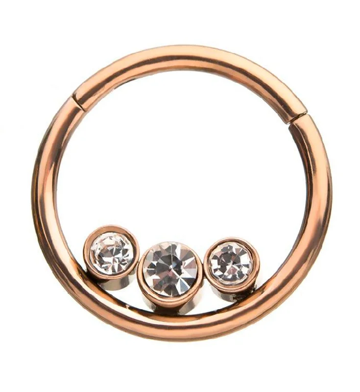 Women's unique rings-Rose Gold PVD Triple CZ Hinged Segment Ring