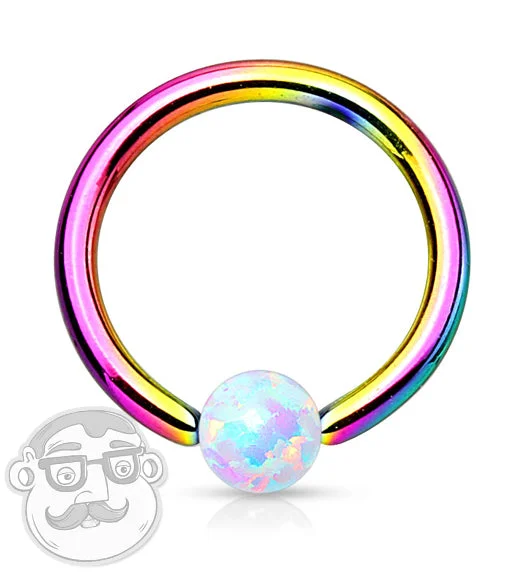 Women's astrology rings-Rainbow PVD Captive Ring With White Opalite Bead