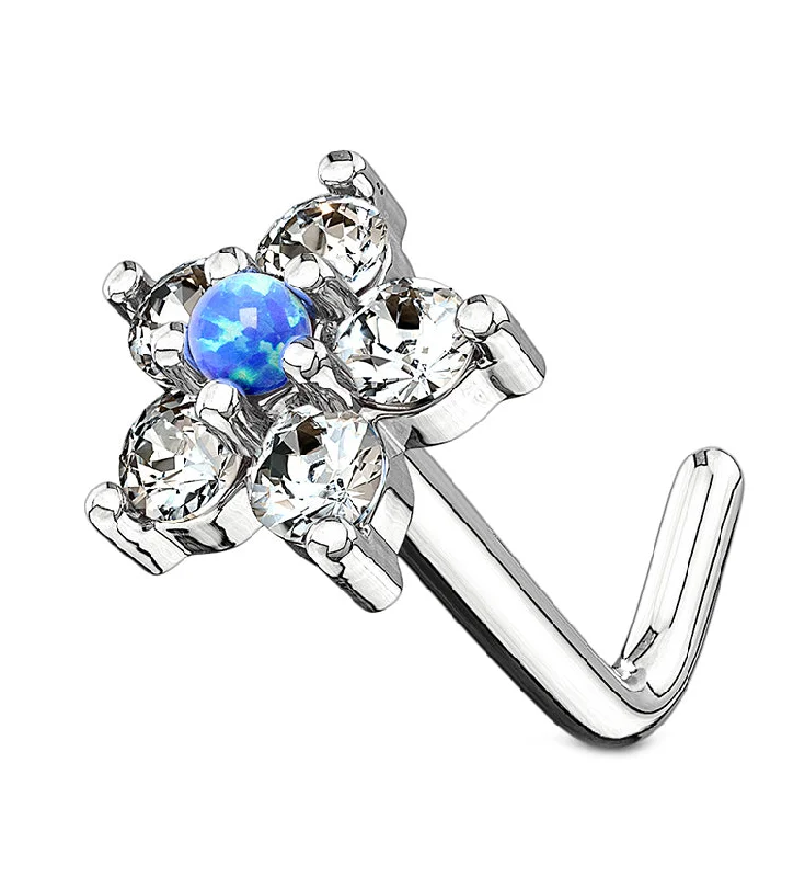 Modern women's rings-20G 14kt White Gold Blue Opal Flower Pack L Bend Nose Ring