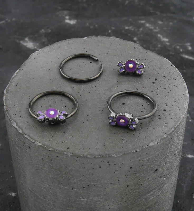 Women's family rings-Black PVD Purple Flower Rainbow Aurora CZ Captive Ring