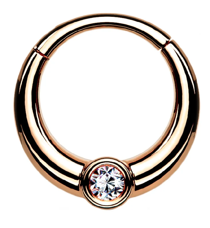 Women's stackable rings-Central Rose Gold PVD CZ Hinged Segment Hoop Ring