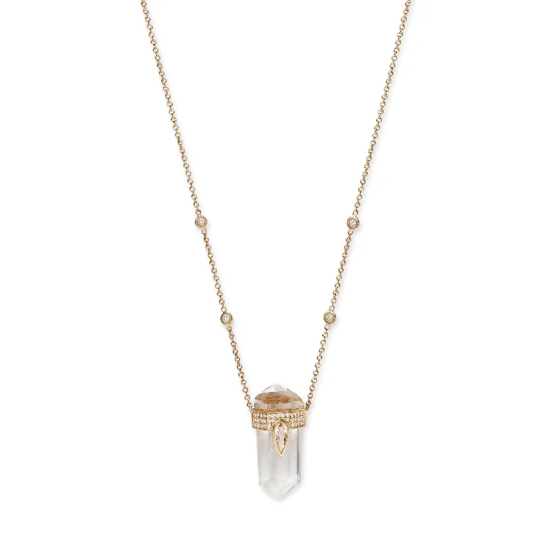 Women's religious necklaces-PAVE MORGANITE TEARDROP CAP + CLEAR QUARTZ CRYSTAL NECKLACE