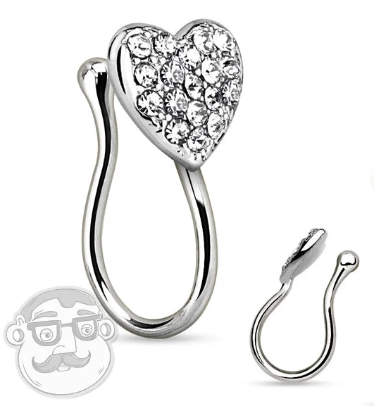 Women's everyday rings-Silver CZ Heart Fake Brass Nose Ring