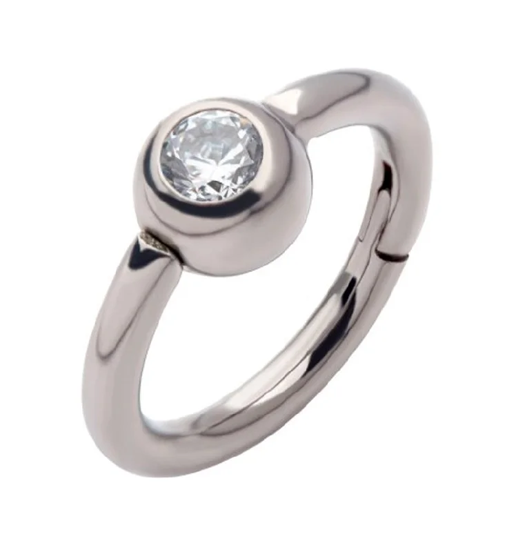 Women's gemstone rings-Titanium Side Facing CZ Bead Hinged Segment Captive Ring