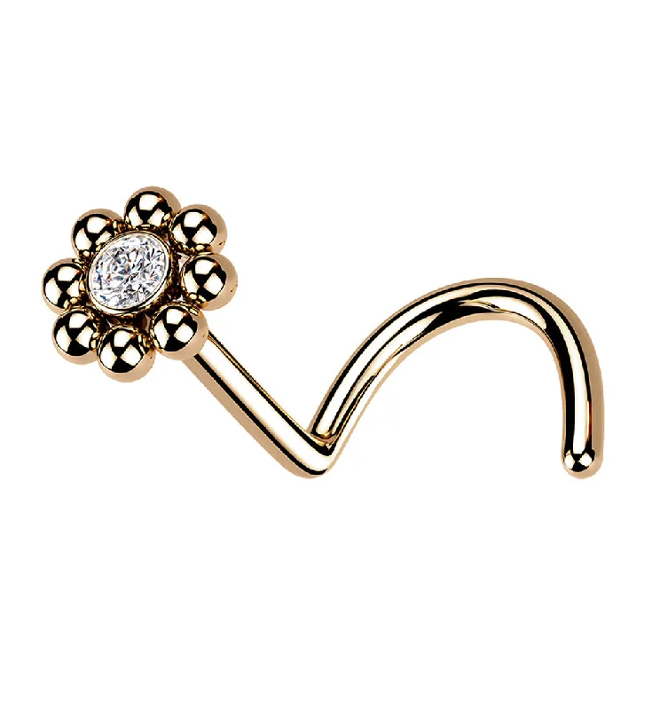 Women's beaded rings-Rose Gold PVD Beaded Flower CZ Nose Screw Ring