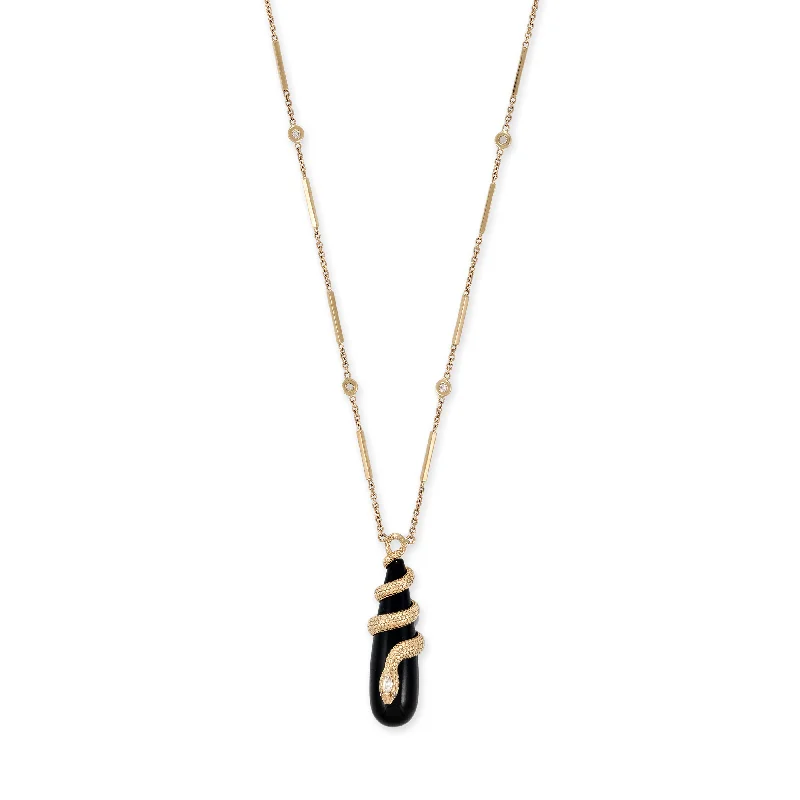 Women's healing crystal necklaces-DIAMOND SNAKE WRAPPED ONYX DROPLET NECKLACE