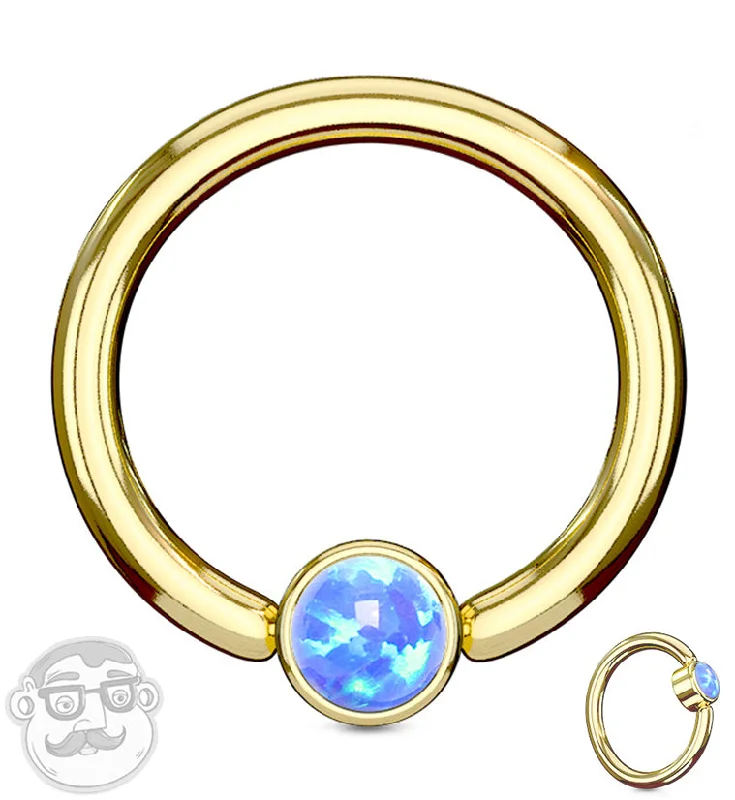 Women's elegant rings-Gold PVD Blue Opalite Flat Disk Captive Ring