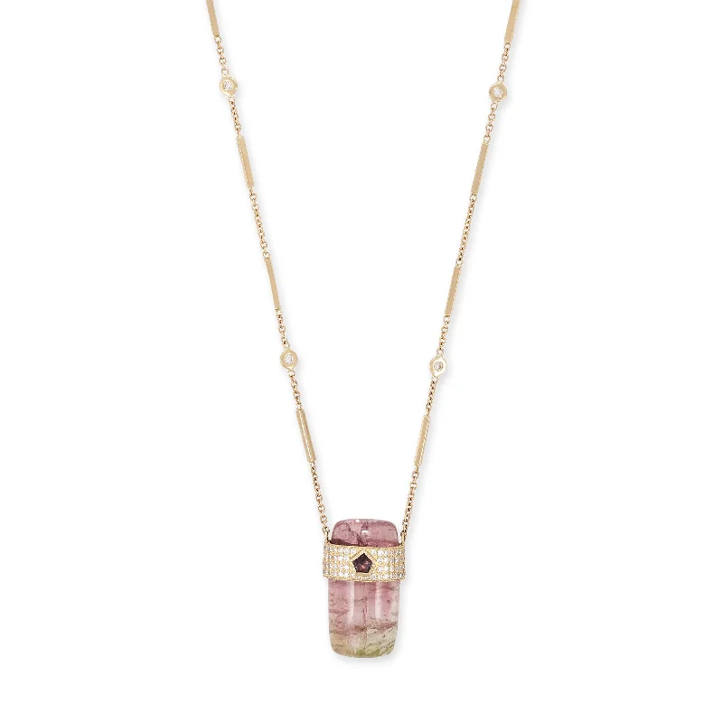 Women's bohemian necklaces-PAVE PINK SAPPHIRE CENTER CAP + WATERMELON TOURMALINE CRYSTAL NECKLACE